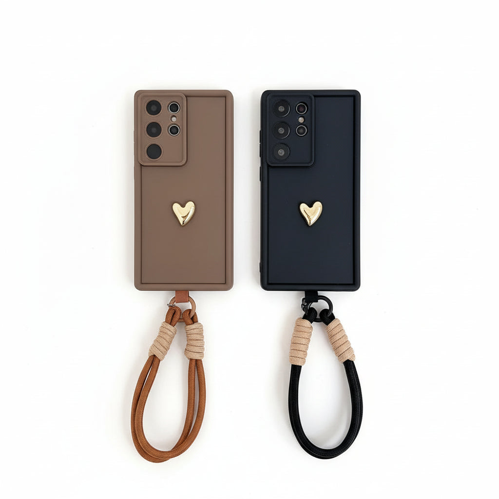 Coque Silicone 3D Cœur Doré avec Lanière – Samsung Galaxy