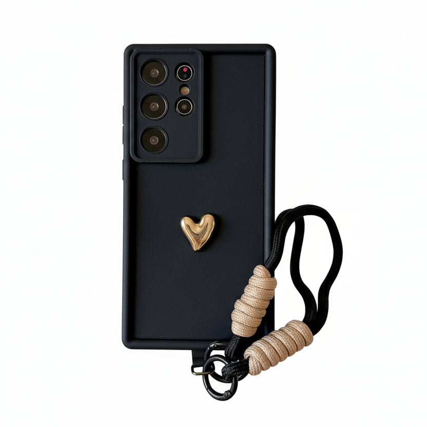 Coque Silicone 3D Cœur Doré avec Lanière – Samsung Galaxy